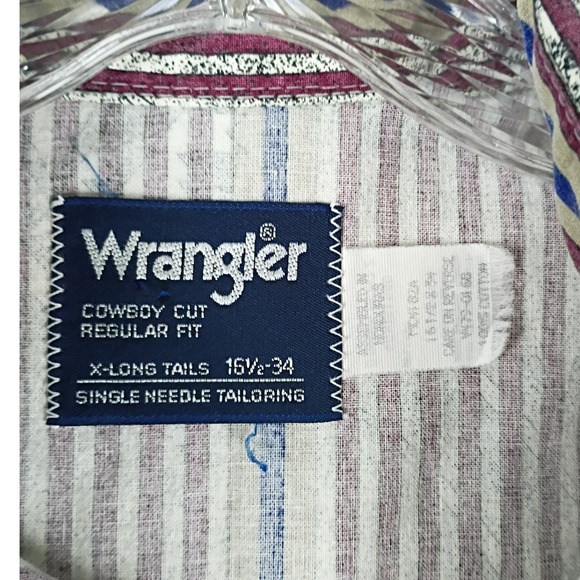 Wrangler Cowboy Cut Shirt Men 16.5-34 Burgundy Striped Western Long Tail - Picture 4 of 9